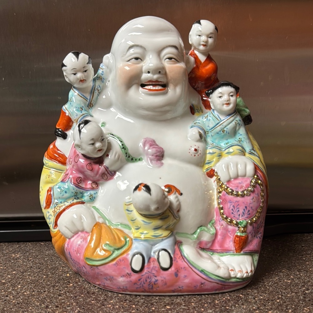 La Famille Ceramic Fertility Laughing Buddha Figurine 8 1/2”
